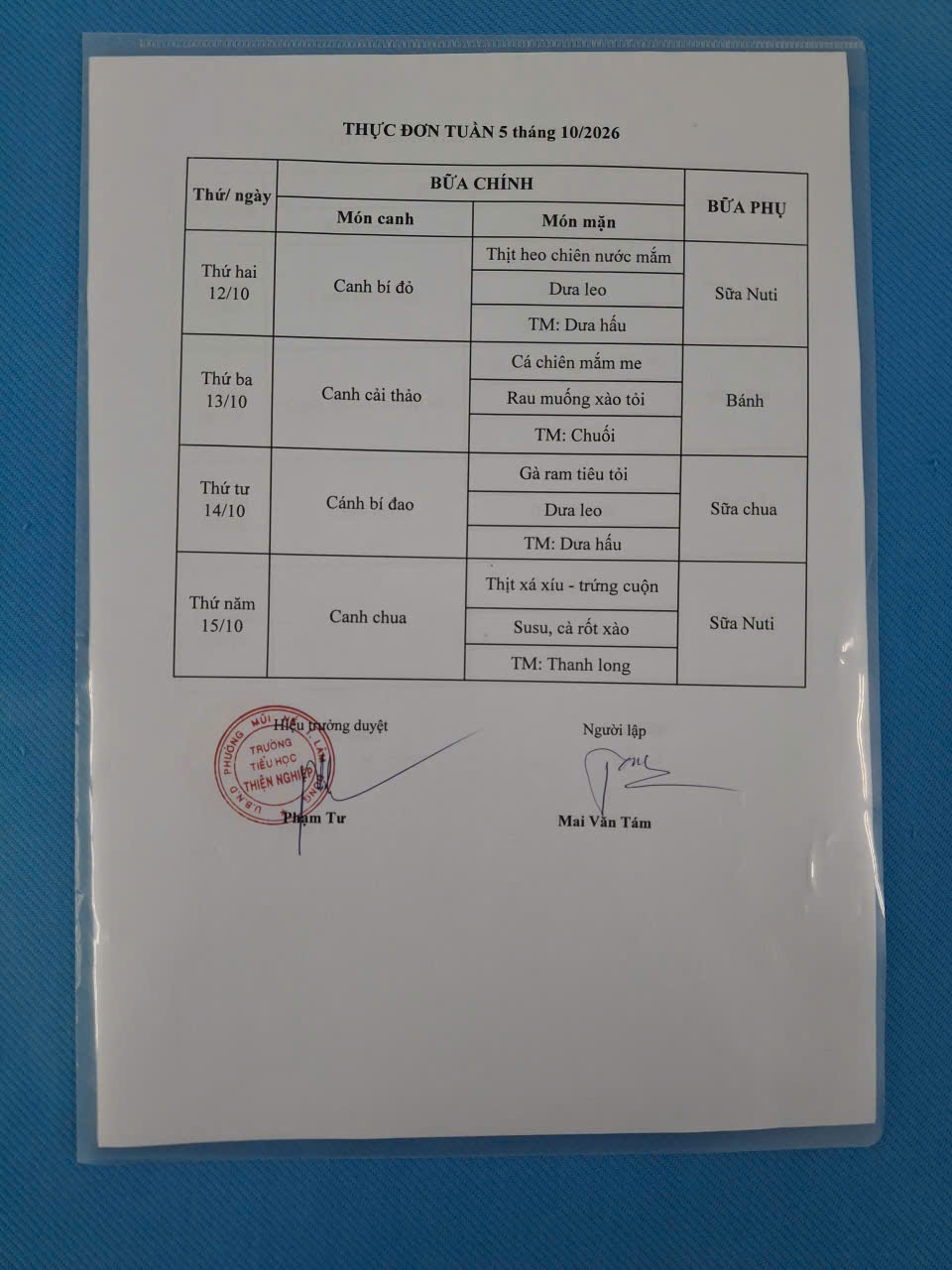 Thực đơn tuần 5 tháng 10/2026